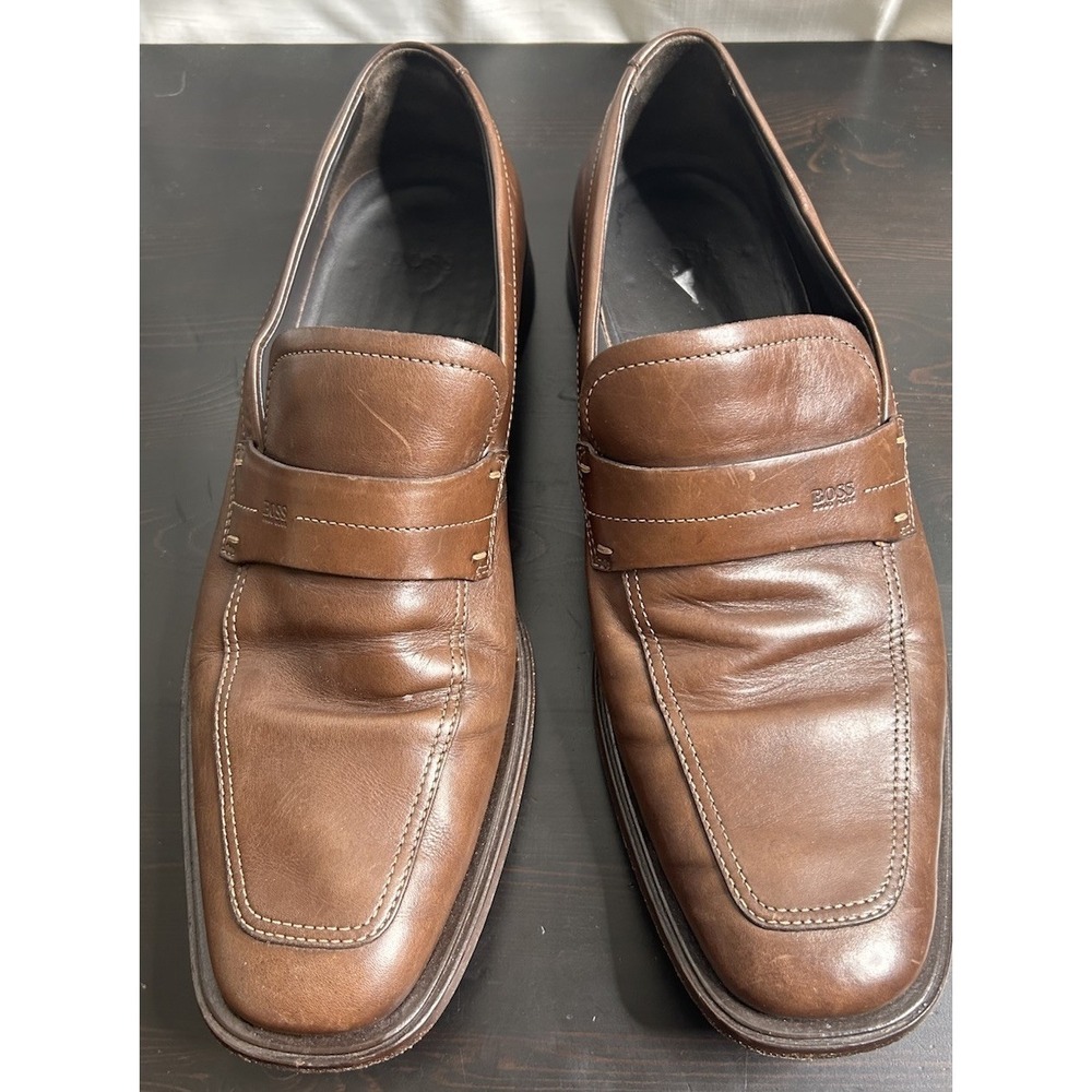 Hugo Boss Mens Brown Leather Slip On Loafers Dress Shoes Size 8.5 - Picture 1 of 7